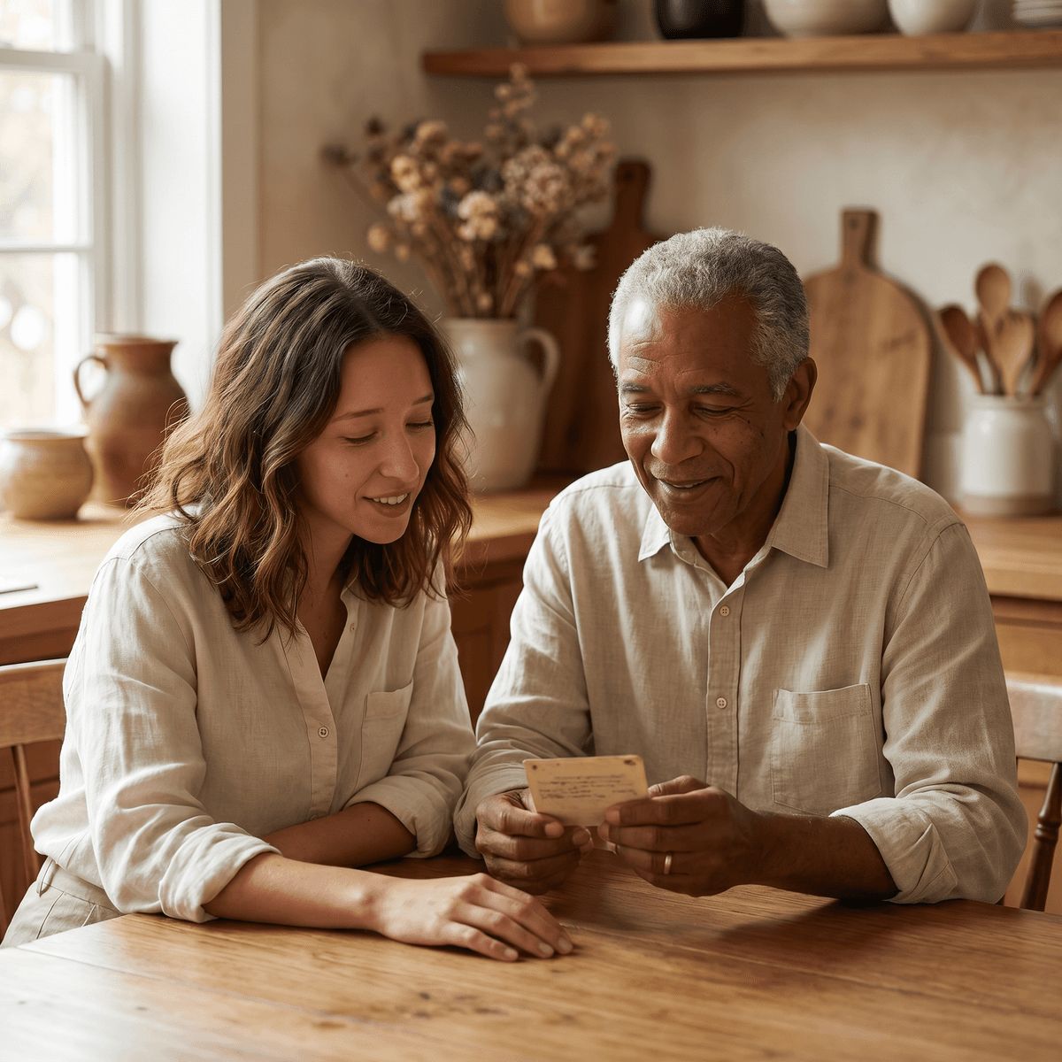 An older couple looking at a phone together