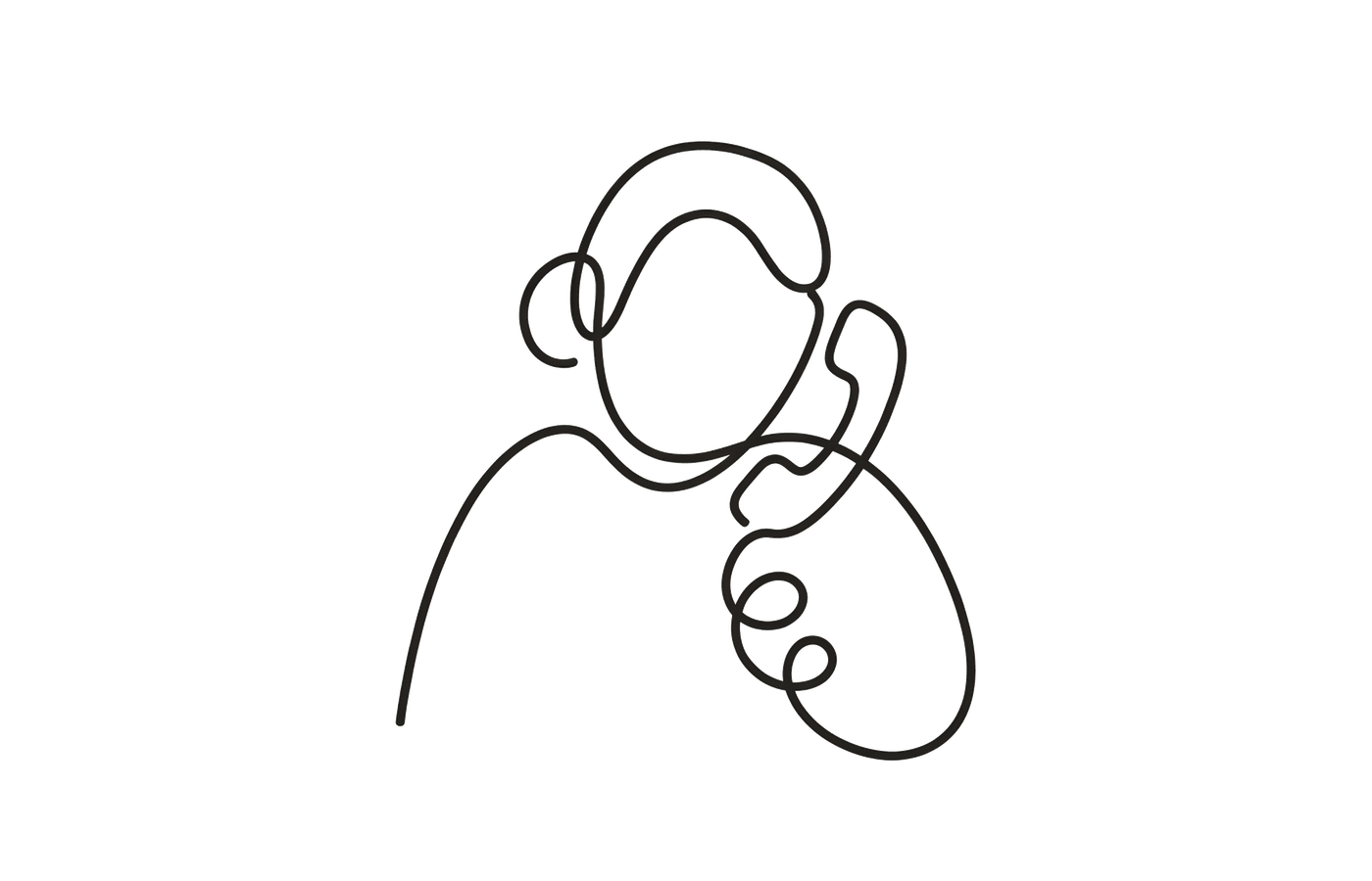 A line drawing of a grandparent on a phone call, the imposter call shown as a single continuous squiggle.