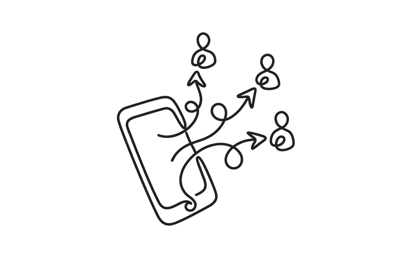 A line drawing of a smartphone in the center of the frame with three thin arrows fanning out to three small family-member figures.